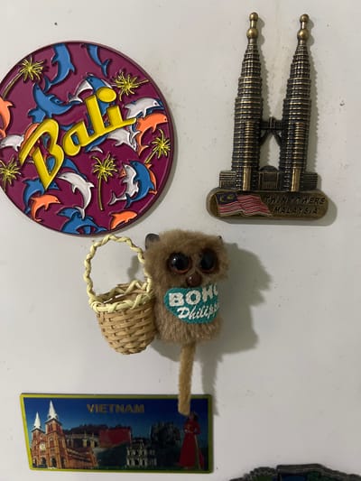 This media file contains a collection of souvenir magnets and a small plush toy, all placed on a white surface. The subjects are diverse and suggest travel or cultural interests.
In the top left, there is a magnet shaped like the Petronas Twin Towers in Malaysia, with the text "TWIN TOWERS, MALAYSIA" and a depiction of the Malaysian flag. To its right is a small, fuzzy plush toy with large, dark eyes. It wears a teal band around its neck with the words "BOKO, PHILIPPINES" visible. The toy also holds a miniature woven basket.
Below the Twin Towers magnet is a round, purple magnet featuring a design of leaping dolphins and palm trees, with the word "BALI" prominently displayed in yellow letters.
To the right of the plush toy, there is a rectangular magnet with a blue background and an image of a grand building, likely a historical or religious structure, with the word "VIETNAM" written vertically in yellow text.
The overall scene is an arrangement of these items on a plain white background, suggesting they might be displayed together, perhaps on a refrigerator or a similar magnetic surface. There is no indication of people, specific time of day, weather, or emotions, beyond the inherent appeal of travel souvenirs. The location context of Malé, Maldives, does not appear to be directly represented by any of the visible objects or text within the image itself.