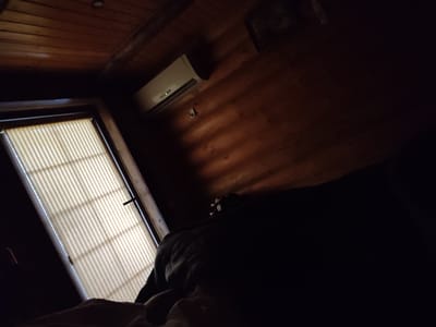 The image captures a dimly lit room with wood-paneled walls and ceiling, suggesting a rustic or cabin-like setting. A slanted window with cream-colored blinds is visible on the left, letting in some faint light, which casts shadows on the wall. Above the window, a white air conditioning unit is mounted, with a faint green light indicating it is on. A dark, amorphous shape dominates the lower right portion of the frame, obscuring much of the scene; it appears to be a person covered by dark bedding or clothing, lying down. The overall ambiance is one of privacy and quiet, possibly suggesting the occupants are resting or relaxing. The time of day is indeterminate due to the low light conditions. The location context is Holubyne, Ukraine. There is no visible text in the image.