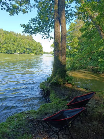 The image depicts a scenic view of a lakefront with lush green trees lining the shore. Two portable folding chairs with black fabric and red trim are positioned on the grassy bank, facing towards the water. The lake itself is calm with gentle ripples reflecting the blue sky and green foliage. In the distance, across the water, a cluster of trees forms the opposite shoreline, with hints of structures or boats visible near the water's edge. The overall atmosphere is serene and natural, suggesting a peaceful outdoor setting. While the image is a beautiful representation of a lakeside environment, it does not provide any specific geographical markers or contextual information that would allow for its precise identification within the city of Olsztyn, Poland.