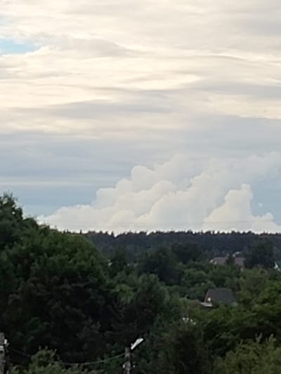 The media file displays an outdoor scene with a prominent sky and a landscape below. The sky is filled with a mix of clouds, ranging from soft, hazy formations to more defined, billowy white clouds. Some patches of lighter blue sky are visible between the clouds.
Below the sky, a dark, dense treeline stretches across the middle ground. Beyond this treeline, several rooftops of houses are discernible, peeking out from amidst the foliage. The trees themselves are lush and green, suggesting a summer or late spring setting.
In the foreground, the tops of more trees are visible, creating a dense, layered effect. Two utility poles with wires are also present in the foreground, with white insulators on one of them.
The overall impression is of a rural or semi-rural landscape under a cloudy sky. The lighting suggests it could be late afternoon or early evening, with diffused light from the overcast conditions. The scene appears calm and uneventful, with no clear activity taking place beyond the natural landscape and occasional signs of human habitation. The location context provided, Венюково, Russia, places the scene in a specific geographic area. No text is visible in the image.