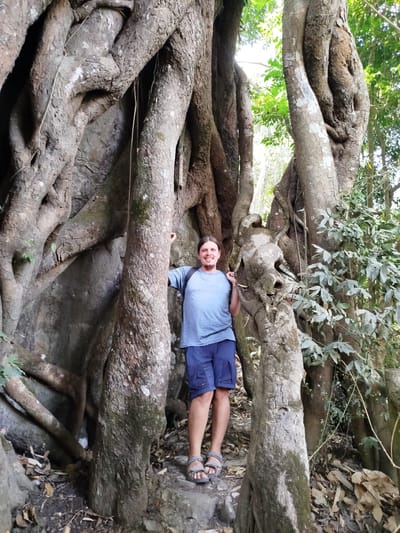 A medium shot depicts a man standing between the buttress roots of a large tree. The man, who has shoulder-length brown hair, a light complexion, and is wearing a blue t-shirt, blue shorts, and gray sandals, stands centrally in the frame with his hands resting lightly on the tree roots on either side of him. The tree roots, which are thick and textured, form a kind of natural enclosure around him. The environment is a forest with dense foliage visible behind the tree. The location is Đà Giang, Vietnam.
