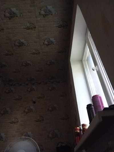 The image captures an indoor scene with a focus on a window and surrounding walls, suggesting a room in an apartment or house. The walls and ceiling are covered with wallpaper that has a brick pattern and a repeating design of what appears to be abstract, cloudy shapes. The lighting is dim, with the primary light source coming from the window, indicating it might be daytime, though the exact time is unclear due to the overall low light conditions.
Several objects are visible. On a shelf near the window, there are various cylindrical containers, possibly bottles of toiletries or cleaning supplies, in shades of purple, black, and red with gold accents. To the left of the window, a white fan is partially visible in the lower left corner of the frame. The window itself is white and appears to be slightly open, letting in natural light. The room's setting is a bit cluttered, with the shelf holding multiple items and the fan suggesting a desire for air circulation. There are no people visible in the image.
The overall mood is somewhat muted due to the low light and the dark tones of the wallpaper. The scene does not depict a specific event, but rather a static view of a domestic space. No legible text is visible on any of the objects. The location context of Yenakiieve, Ukraine, doesn't offer specific visual cues within the image itself, but suggests the geographical setting of the photograph.