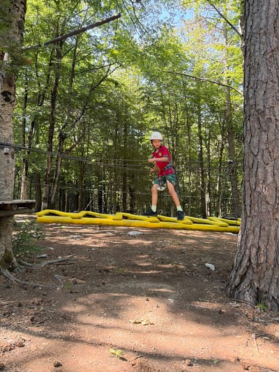 The image depicts an outdoor adventure park scene in a forest environment in Dolovi, Montenegro. A young male individual, appearing to be a child between 8 and 12 years old, is navigating a low-level ropes course element. He wears a white helmet, a red short-sleeved t-shirt with a crest on the left chest, green shorts, light green socks, and black athletic shoes. A safety harness is visible around his waist and thighs, from which safety lines ascend towards an overhead cable system that stretches horizontally between trees. The child is actively walking across a bridge segment composed of a series of approximately six to seven bright yellow, faceted wooden logs, laid horizontally on the ground. His left foot is positioned on one log, while his right foot is poised to step onto the next, indicating motion.
The setting is a dense forest, with numerous green-leaved trees populating the background. In the foreground, a large, light-barked tree on the left features a wooden platform affixed to its trunk, serving as part of the course. On the right, a thick tree with dark, deeply furrowed bark stands prominently, partially framing the scene. The ground is composed of reddish-brown soil and dirt, interspersed with fallen leaves, roots, small rocks, and numerous pinecones. The area is illuminated by natural sunlight, casting dappled shadows on the forest floor.