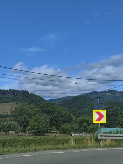 The image depicts a rural roadside scene, likely in the vicinity of Leordina, Romania, under a bright blue sky with scattered clouds. In the foreground, a paved road with a white line marking runs horizontally across the bottom. To the right of the road, a traffic sign indicating a sharp right turn is visible, mounted on a grey pole. This sign is a square with a yellow border and a red chevron pointing to the right. Behind the sign and the road, a grassy verge transitions into a field. Further back, a rustic wooden fence borders a field with dry grass and some vegetation. Beyond the field, a dense forest covers rolling hills, with the trees appearing lush and green. In the distance, more hills, also covered in trees, create a layered backdrop against the sky. Power lines are strung across the upper portion of the image, stretching from left to right. The overall impression is one of a serene, natural landscape on the outskirts of a town.