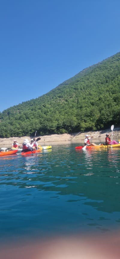 In Bezuje, Montenegro, several individuals are kayaking on a clear blue lake under a bright, cloudless sky. The kayaks are of various colors, including orange, red, and yellow, and the people are wearing life vests. A dense, green forest covers a steep hillside that slopes down to the water's edge. The shoreline is a mix of sand and gravel. The water is calm with subtle ripples, reflecting the clear sky and surrounding landscape.