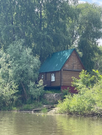 An eye-level, medium shot captures a wooden log cabin with a green metal roof situated on a riverbank, surrounded by lush green trees and vegetation. The cabin, constructed from horizontal logs, features a small white-framed window on its visible side and a dark red foundation. A wooden porch extends from the front of the cabin. In the foreground, the rippling surface of a murky, green-tinged river reflects the dappled sunlight. A small wooden jetty or ramp juts out into the water from the bank to the right of the cabin. The scene appears to be a rural or semi-rural setting in the village of Nezhinka, Russia, with the dense foliage suggesting a natural, possibly wooded environment. No people are visible in the image.
