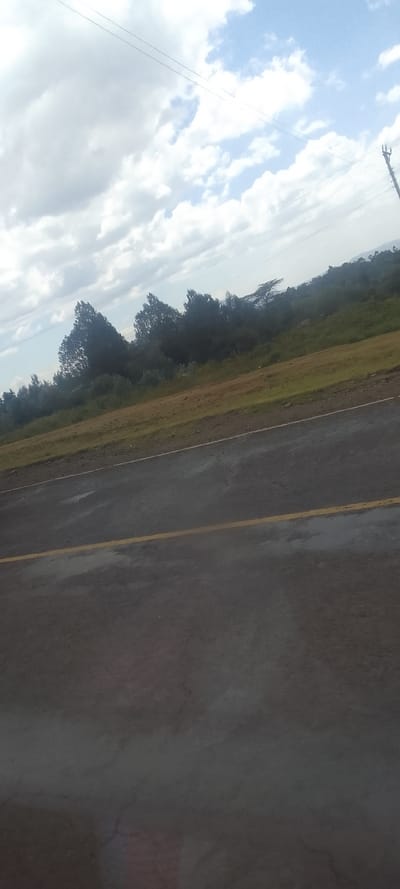 The image displays an outdoor, natural environment within Hells Gate ward, Kenya. The foreground features a paved road, dark gray in color, with a continuous yellow line marking its center, running diagonally from the lower-left to the mid-right of the frame. The road surface exhibits darker, possibly wet, patches. Directly above the road, a strip of light green grass and reddish-brown dirt forms a verge. Beyond this, a dense line of dark green trees and bushes stretches across the mid-ground, obscuring the immediate background. In the upper background, faint outlines of distant hills or rising terrain are visible under a hazy sky. The upper two-thirds of the image are dominated by a partly cloudy sky, featuring significant white cumulus clouds interspersed with areas of light blue. Several thin, dark utility lines are strung horizontally across the upper portion of the sky, and a dark utility pole is partially visible on the far right, extending upwards from the tree line. No people, animals, or specific actions are discernible.