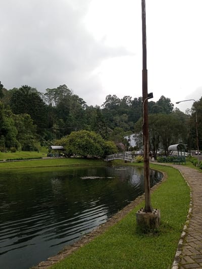 This image depicts an outdoor scene in Ambositra, Madagascar, centered around a body of water resembling a pond or small lake under an overcast, light gray sky. In the immediate right foreground, a tall, weathered dark brown metal pole with a concrete base stands erect, positioned on a strip of neatly cut green grass. Adjacent to the grass, a curving pathway constructed from interlocking gray paving bricks follows the contour of the water's edge.

The dark-toned water occupies the left and central midground, displaying distinct ripples across its surface and reflecting the muted light of the sky. On the opposite bank, a small, decorative white concrete bridge with arched railings spans a narrow section of water, connecting to a grassy area featuring a large, dense green tree. To the left of this tree, a modest, light-roofed open-sided shelter is partially visible, with a dark-colored motorcycle or scooter parked beneath it.

Beyond the paved pathway on the right, more manicured green grass gives way to additional trees. Further along this bank, another covered shelter with a darker roof and visible green benches is situated. A street lamp with a curved arm is positioned in the far right midground, and indistinct light sources in the distance suggest moving vehicles on an unseen road. The background is dominated by a densely forested hillside covered in various types of green foliage. No individuals are clearly discernible within the frame, and no specific actions or interactions are evident.