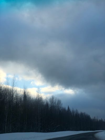 The image captures a stark winter landscape featuring a cloudy sky and a dense forest. The sky dominates the upper portion, characterized by heavy, dark grey clouds that stretch across the left and upper areas, suggesting overcast weather. A prominent horizontal band of lighter, brighter sky, interspersed with white and light blue clouds, breaks through the darker cloud cover, running across the middle of the frame.

Below this brighter sky band lies a dense line of trees, occupying the lower third of the image. These are predominantly bare deciduous trees, their dark, intricate branches creating a stark silhouette against the sky. A few darker evergreen trees are interspersed within the forest. The far right edge of the image reveals a snow-covered bank or ground, indicating significant snow accumulation.

The scene depicts a cold, quiet daytime setting, likely in winter, with no visible human activity or structures other than the natural elements. The light suggests either an overcast day or perhaps late afternoon. The overall impression is one of natural solitude and the subdued beauty of a wintry forest under a dramatic sky. There is no visible text.