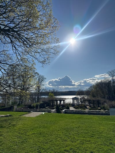 The photograph captures a sunlit scene at the Eleanor Roosevelt National Historic Site in the Town of Red Hook, United States of America. A manicured lawn extends from the right side, showcasing a paved walkway along a low stone retaining wall, interrupted by several decorative gazebos, towards a body of water. In the background, the water stretches out, flanked by trees on the opposite bank, and reflecting a sky punctuated by white, puffy clouds. Dominating the left side of the image, a tree with budding leaves reaches upwards, while the sun, positioned high in the sky, casts a strong glare and lens flares across the scene.
