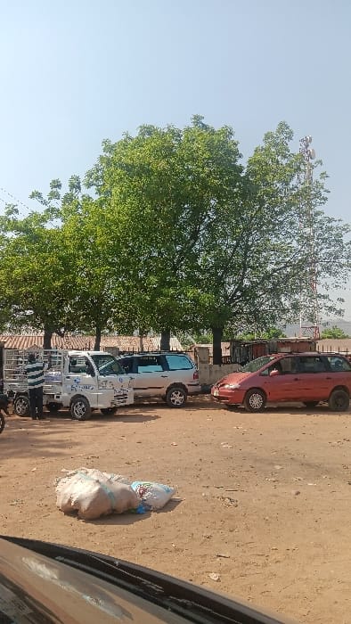 The image depicts an outdoor scene in Langtang, Nigeria, under a clear, bright blue sky. The ground consists of reddish-brown dirt with scattered small debris. Three vehicles are parked in a row, facing generally towards the right: a white small pickup truck with a metal cage bed (bearing "JINGHE" branding), followed by a light silver minivan, and then a reddish-brown minivan with a contrasting black front passenger tire.
One individual, wearing a striped shirt and dark trousers, stands on the left side of the frame, positioned with their back mostly towards the camera, near the rear bed of the white pickup truck. Their specific action is not fully discernible but appears to involve the truck bed.
In the immediate foreground on the dirt ground, two large sacks are visible: one light-colored, possibly burlap, and another white plastic bag with colored printing. The lower edge of the frame reveals the top edge of a black vehicle dashboard and windshield, indicating the photo's vantage point.
In the background, several large trees with dense green foliage provide shade. Behind these trees, parts of a building with a corrugated metal roof are visible, along with a tall, red-and-white communication tower featuring multiple antennae against the sky on the far right.