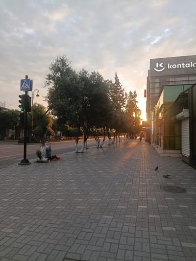 The image depicts a street scene in Sumgayit, Azerbaijan, during either sunrise or sunset, as indicated by the warm glow of the sun casting long shadows across the paved sidewalk. The sky is partly cloudy, with a mix of light and darker gray clouds.
On the left side of the image, a pedestrian crossing signal with a green light is visible, accompanied by a traffic light and a lamppost. Trees with white-painted trunks line the sidewalk, creating a natural canopy over the path. Several discarded items, including plastic bags and a red object, are piled near a trash can.
To the right, a modern building with large, green-tinted windows stands prominently. The building features a large sign with the text "kontakt" and a stylized smiley face logo. Further down the street, a solitary figure is walking away from the camera. The sidewalk is paved with gray rectangular bricks arranged in a herringbone pattern. Two pigeons are present on the sidewalk, one in the foreground and another further back, near a manhole cover. The overall mood of the image is serene, with the warm sunlight suggesting a peaceful transition between day and night.