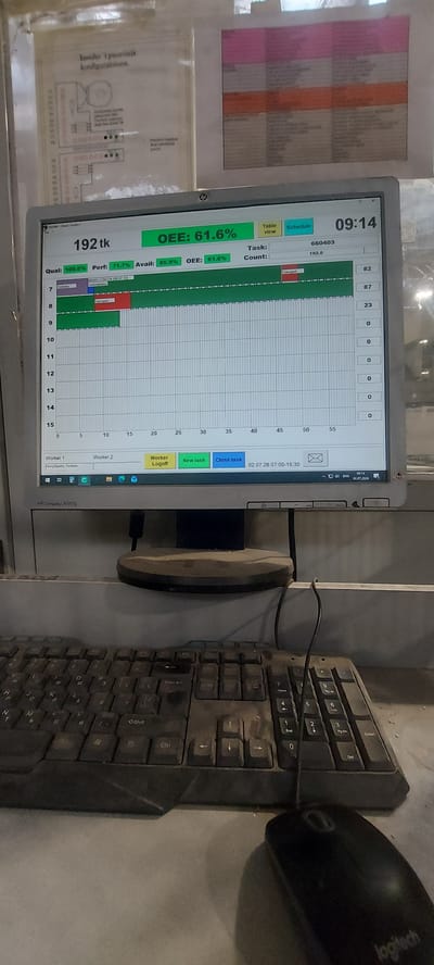 The image shows a close-up of a computer monitor displaying a production monitoring interface in what appears to be an industrial setting, possibly a factory. The screen shows data points such as "192 tk," "OEE: 61.6%," and "Task: 660403." There are also charts and graphs depicting production progress with colored bars indicating different tasks or statuses. Below the monitor, a dusty keyboard and a computer mouse are visible. In the background, there are some papers or posters with diagrams and text, suggesting a workspace environment. The monitor is identified as an HP Compaq LA1951g. The computer shows the date as "02.07.2026" and time as "09:14," and language as "ENG." The scene is forensic and matter-of-fact, focusing on the visual details of the technology and the immediate environment. The location in Kohtla-Järve linn, Estonia, is an inference based on context not explicitly visible in the image itself but provided in the prompt.