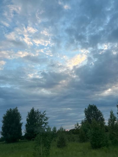 The image depicts a landscape scene with a cloudy sky over a field and trees. The sky is filled with a mix of grey and white clouds, with some areas appearing brighter, suggesting sunlight filtering through. The ground below is covered in green grass and various types of trees, some taller with broader canopies and others smaller and more dense. The overall impression is of a natural, possibly rural environment. The location is specified as Поварёнки, Russia. There are no people or discernible actions captured in the image.