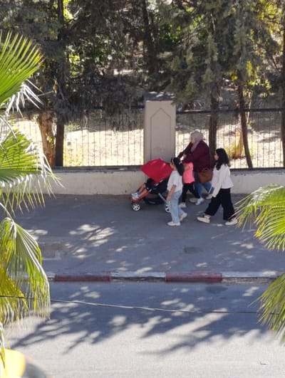 In Nablus, Palestinian Territories, a group of four individuals, including an adult female wearing a hijab and a maroon jacket, and three young girls, are walking along a sidewalk. The adult female is pushing a stroller with a red canopy, which appears to be occupied by a baby. One young girl, wearing a pink top and black pants, walks closely behind the adult. To the left of the stroller, another young girl in a white t-shirt and light blue jeans walks, facing forward. A fourth young girl, dressed in a white top and black pants, walks slightly ahead and to the right of the group. The sidewalk is paved and bordered by a curb with red and white markings. Trees with green foliage are visible in the background, casting shadows on the ground. A metal fence runs along the edge of the sidewalk. The scene appears to be a daytime outdoor setting.