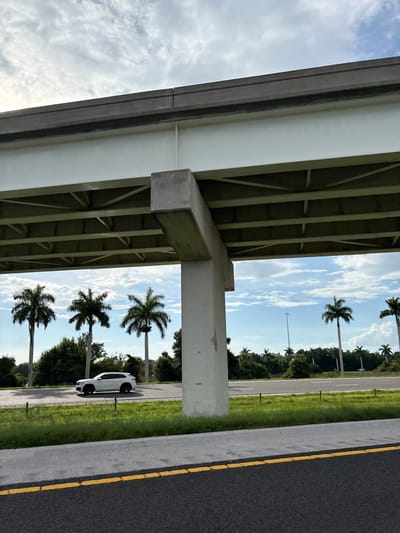 The image shows a white SUV driving on a highway under a concrete overpass. Palm trees are visible on either side of the highway, and the sky is cloudy. The highway has a yellow line marking the lanes. The location is described as the city of Palmetto, United States. The scene is outdoors, during daylight.
