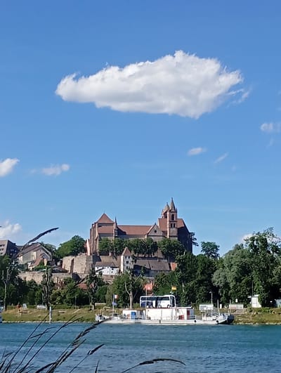 The image depicts a wide river in the foreground with a white ferry boat docked on the right side. The ferry has a white bus on its deck and several structures behind it. Across the river, a historic town is visible, built on a hill. The town features a large, old building with red-tiled roofs and two prominent towers, likely a cathedral or church. The buildings are surrounded by trees and a stone wall. The sky above is blue with a few white clouds. The town appears to be Biesheim, France, given the context of a ferry on a river and a significant historical building.