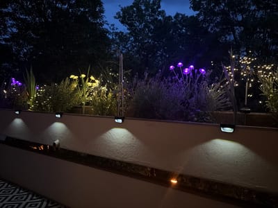 This image depicts an outdoor garden scene at dusk, possibly in Augsburg, Germany. The foreground shows a textured white wall illuminated by several small, downward-facing solar lights attached to its upper edge. Below the wall, a dark, reflective surface runs horizontally, with a glimpse of a patterned rug in the lower left corner. The wall itself has a rough, stucco-like texture.

Above the wall, the garden is illuminated by various decorative lights. In the mid-ground, on the left, are several glowing purple mushroom-shaped lights and some delicate white string lights. To the right of these, yellow mushroom-shaped lights are visible, mixed with more white string lights and sparse greenery. Further to the right, a cluster of white lights resembling a firework or dandelion is illuminated amongst the plants. In the background, silhouetted trees are visible against a darkening blue sky. The overall ambiance is one of a softly lit, tranquil garden.
