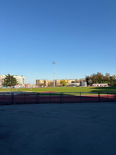 The image displays an outdoor athletic stadium and surrounding urban area in Ivry-sur-Seine, France, under a clear blue sky during daylight. The foreground consists of a dark asphalt surface, behind which a dark metal chain-link fence horizontally spans the frame. Beyond the fence, a reddish-brown running track encircles a large, vibrant green grassy field, likely a soccer pitch. Two white soccer goals are visible on the left side of the field. A tall, white floodlight pole with multiple lamp fixtures is positioned towards the center-right of the field. No individuals are present on the track or field. In the background, a row of multi-story residential buildings with varying facades (white, brown, and yellowish) stretches across the horizon. A large, dark green coniferous tree partially obscures a white multi-story building on the far left. Trees, some with light green spring foliage, are interspersed among the buildings and along the right side. On the far right, a low-rise building with a red roof and white walls is partially visible, situated near a sloped, tree-covered area. Vehicles are discernible on streets between the buildings and the sports complex.
