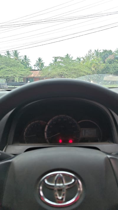 The image is a first-person perspective from inside a Toyota vehicle, looking forward through the windshield. The steering wheel, with the Toyota logo prominently displayed in the center, is in the foreground. The dashboard features a speedometer and other gauges, with two red indicator lights illuminated. Outside the vehicle, a bright, overcast sky is visible, with a series of power lines crisscrossing the upper portion of the frame. Below the power lines, lush green foliage, including palm trees and other vegetation, suggests a tropical environment. Several simple buildings, some with corrugated metal roofs, are nestled amongst the trees, indicative of a rural or suburban setting in Manetunong, Indonesia. The scene appears to be captured during daylight hours.