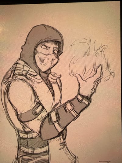 The image is a sketch of a character resembling Scorpion from Mortal Kombat. The character is depicted from the chest up, wearing a hooded outfit that covers their head and face, with a mask obscuring the lower part of their face. They are holding their right hand out, with what appears to be fire or energy emanating from it. The sketch is done in a rough, artistic style, with visible lines and shading. The background is a plain, textured surface. There is no identifiable location in the city of Košice, Slovakia, or any other real-world environment visible in the image.