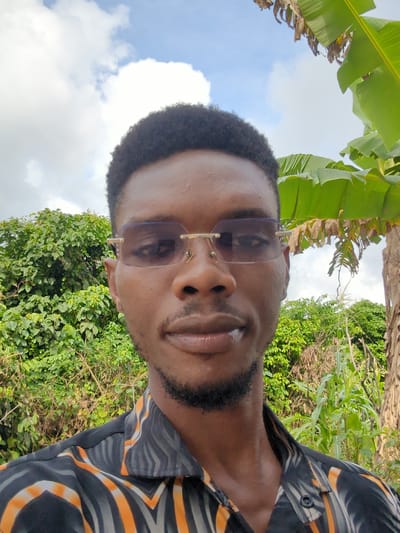 A man with dark skin, a short afro hairstyle, and a trimmed beard is depicted in a selfie outdoors. He is wearing translucent-framed sunglasses with gold accents. The man is wearing a black shirt with orange and gray patterned stripes. The background includes lush green vegetation, including trees and banana leaves. Above the foliage, a light blue sky with white clouds is visible. The location is possibly Elele Alimini, Nigeria, although this cannot be definitively confirmed from the image alone.