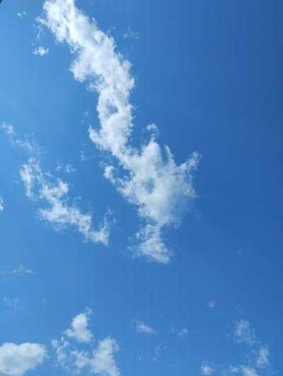The image captures a bright, clear blue sky with scattered white clouds. The perspective is looking upwards, suggesting the photo was taken outdoors. The clouds are wispy and varied in size and density, with some appearing as small, scattered puffs and others forming larger, more elongated formations. The lighting indicates it is daytime, likely sunny, with the clouds casting subtle shadows. There are no discernible people, objects, or structures visible, and the environment appears to be an open sky. The location is identified as Zavolzhye, Russia.