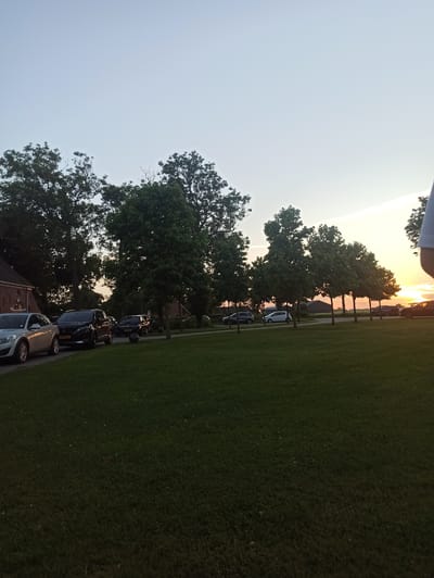 The image shows a street scene in Uithuizen, Netherlands, during sunset. Several cars are parked on the side of a road lined with trees. A grassy area is visible in the foreground. The sky is clear with a soft gradient of colors from pale blue to orange. The overall lighting suggests it is late afternoon or early evening.