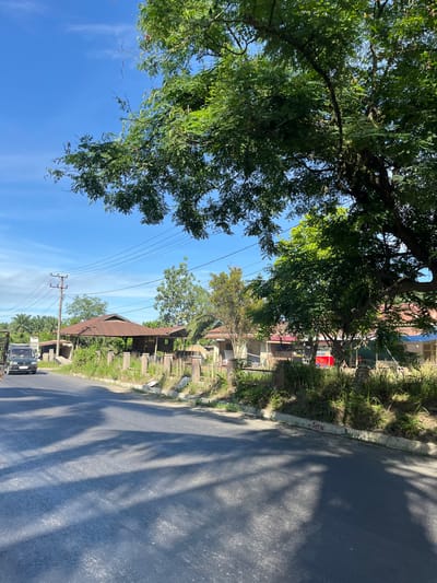 This image captures a roadside scene in Bukitrata, Indonesia, on a bright, sunny day. The sky is a vibrant blue with wispy white clouds. Lush green trees with dense foliage dominate the left side of the frame, their branches reaching towards the sky and casting shadows on the asphalt road.

Along the right side of the road, a grassy verge separates it from a row of buildings. These appear to be a mix of residential structures and perhaps small businesses, with some showing signs of disrepair or being under construction. Fencing and various garden elements are visible in front of some properties. Telephone poles and power lines crisscross the sky, indicating the presence of infrastructure.

The road itself is paved and appears well-maintained, with distinct tire tracks visible in some areas. Sunlight dapples the surface, creating a pattern of light and shadow from the overhanging trees. A truck is parked on the side of the road in the lower right portion of the image, its details partially obscured.

Graffiti, appearing as red spray paint, is visible on the curb near the grassy verge. The text reads "SCRIE". The overall impression is one of a typical day in a semi-urban or rural Indonesian setting, with elements of both nature and human habitation. The strong sunlight suggests it is likely daytime, possibly mid-morning or early afternoon.