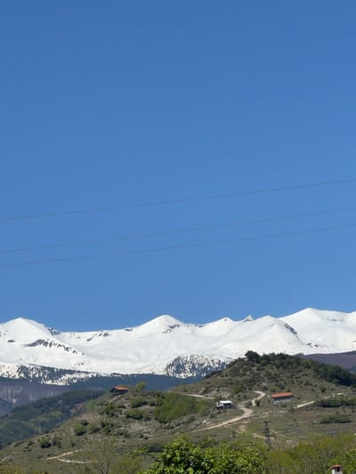 The image shows a landscape with a clear blue sky, a mountain range covered in snow, and a hillside with vegetation and some buildings. Power lines are visible in the foreground. The location is potentially in the vicinity of Kornitsa, Bulgaria, judging from the mountainous terrain and types of buildings. The hillside has patches of trees, shrubs, and possibly grass. Buildings are sparse, and roads appear unpaved and narrow. The snow-capped mountain rises in the distance. The picture appears to have been rotated counter-clockwise by ninety degrees.