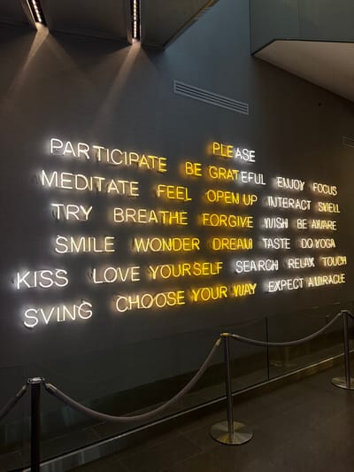 A large, dark gray wall is adorned with an extensive art installation consisting of numerous words spelled out in glowing neon lights. The words are arranged in six horizontal rows and alternate between bright yellow and cool white neon. The installation forms a series of imperative verbs and positive affirmations, encouraging mindfulness and positive actions.
The words, read from left to right and top to bottom, are:
Row 1: PLEASE (yellow), ENJOY (white), FOCUS (white)
Row 2: PARTICIPATE (white), BE GRATEFUL (yellow), INTERACT (white), SWELL (white)
Row 3: MEDITATE (white), FEEL (yellow), OPEN UP (yellow), FORGIVE (yellow), WISH (white), BE AWARE (white)
Row 4: TRY (white), BREATHE (yellow), WONDER (yellow), DREAM (yellow), TASTE (white), DO YOGA (white)
Row 5: SMILE (white), LOVE YOURSELF (yellow), SEARCH (white), RELAX (white), TOUCH (white)
Row 6: KISS (white), SWING (white), CHOOSE YOUR WAY (yellow), EXPECT A MIRACLE (white)
To the top left of the wall, a horizontal air vent is visible. Below it and to the far left, bright strip lighting embedded in a triangular architectural feature casts diagonal beams onto the wall, adding to the ambient illumination. On the right side of the image, two queue barriers with dark ropes and metallic bases are positioned, suggesting a controlled access area or a line. The floor is dark, possibly tiled.
The indoor setting appears contemporary, likely a public or commercial building in Arlington, United States. The dim lighting highlights the glowing words, creating a contemplative and inviting atmosphere designed to engage viewers with its positive messaging. There are no people visible in the scene.