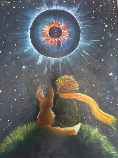An oil painting depicts a scene from "The Little Prince," featuring the boy and his fox sitting on a grassy hill under a starry sky. Above them, a large celestial body, resembling an eye with fiery rays, dominates the upper portion of the canvas. The boy, wearing a green tunic and a flowing orange scarf, is seated with his back to the viewer, his arm around the fox. The fox, with its reddish-brown fur, is nestled beside him, facing the same direction. The background is a dark, textured sky filled with numerous white stars and streaks of light radiating from the celestial object. The grassy hill in the foreground is rendered with strokes of green paint. The painting is in the style of the artwork associated with Antoine de Saint-Exupéry's book. The context provided about Pereiaslavske, Ukraine, does not align with the subject matter of the painting itself, which is a fantastical, cosmic scene.