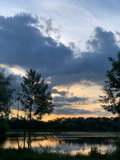 This is a photograph of a serene lake at dusk, likely located in Pisochyn, Ukraine, given the context. The sky is a dramatic blend of deep blues, grays, and touches of warm orange and yellow as the sun sets. Dark, heavy clouds dominate the upper portion of the frame, with lighter patches and rays of sunlight peeking through.
In the foreground, the silhouettes of trees and reeds frame the scene. A few slender trees stand in the middle ground, their branches casting faint shadows. The lake itself is calm, reflecting the colors of the sky and the dark line of trees that forms the horizon. The water's surface is mostly smooth, with subtle ripples and reflections. The overall impression is one of tranquility and the subdued beauty of nature as daylight fades. No people or animals are visible in the image.