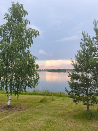 The image depicts a serene landscape scene featuring a body of water, likely a lake or river, bordered by lush green grass. In the foreground, two trees stand prominently: a deciduous tree with green foliage on the left and a coniferous tree on the right. The sky above is overcast with scattered clouds, tinged with soft, warm hues from the setting sun, casting a gentle reflection on the water. The background reveals a distant shoreline with a few buildings and trees. The scene appears to be in a natural outdoor setting, possibly a park or a recreational area. There are no people or animals visible in the image. The overall atmosphere is peaceful and tranquil. The image does not contain any elements that would suggest it is located in the city of Brodi, Latvia.