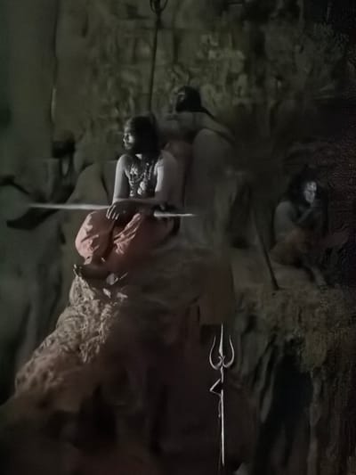 The image depicts a dimly lit, cavernous environment, possibly a cave, with rough, textured rock formations visible throughout. In the foreground, a person is seated on a pile of rocks. This individual is wearing a light-colored garment wrapped around their lower body and a dark, possibly beaded necklace around their neck. They are holding a long, thin object horizontally across their lap, which appears to be a staff or spear. To the right of this seated figure, a trident, a symbol often associated with Lord Shiva, is planted upright in the ground. Further in the background, several other figures are faintly discernible, some seated and others appearing to be in the process of standing or moving within the cave. The overall impression is one of a spiritual or meditative gathering in a natural, secluded setting. The location in Guttapadu, India, suggests a context of religious or ascetic practices common in that region.