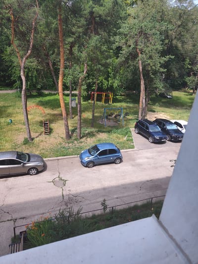 In Zarichne, Ukraine, a high-angle view captures a paved area adjacent to a grassy park with mature pine trees. Several parked vehicles are visible on the paved surface: a silver sedan and a blue hatchback in the foreground, and a dark SUV and two sedans (one dark and one white) further back. The park area contains a children's playground with a swing set and a climbing structure with red accents, as well as a separate red arched structure with a ladder. The scene appears to be a residential area with a naturalistic setting.