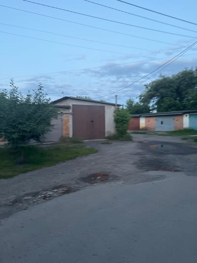 The image depicts a row of garages in the city of Гожули, Ukraine. The garages are constructed of concrete and brick, with corrugated metal doors. Some of the doors are brown, while others are various colors including red, beige, light blue, and white. The area in front of the garages is paved with asphalt, and there are puddles of water on the ground. A tree with green foliage stands to the left of the foreground garage. Power lines are visible in the sky above. The overall impression is one of a somewhat aged and weathered urban environment.