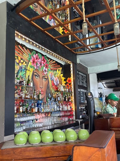 The image depicts the interior of a bar in Talpe, Sri Lanka. The focal point is the bar's decorative front, featuring a mural of a woman's face adorned with flowers and a hummingbird. The bar's shelves are stocked with numerous bottles of alcohol. A wooden grid structure with rope accents is visible to the side of the bar. A man wearing a green cap and a patterned shirt is visible in the background. There are green painted coconuts displayed on the bar top. A beverage dispenser is on the bar. A chalkboard menu hangs behind the bar. Glasses are arranged on a metal tray between the liquor bottles and bar top.
