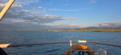 The image is an upside-down, wide-angle shot of a body of water with a distant shoreline and mountains. In the foreground, a white railing with a yellow life preserver attached is visible. The water is a vibrant blue with ripples, suggesting movement. Beyond the water, a green and brown shoreline stretches across the horizon, backed by a range of mountains that appear snow-capped in places. The sky above is a clear blue, dotted with scattered white clouds, particularly towards the horizon where they blend with the mountain range. The lighting suggests it is either early morning or late afternoon, as the sun casts a warm glow on the railing and highlights the clouds. The overall scene evokes a sense of tranquility and natural beauty. The image is a photograph taken from a boat, as indicated by the railing and the perspective. There is no visible text in the image.