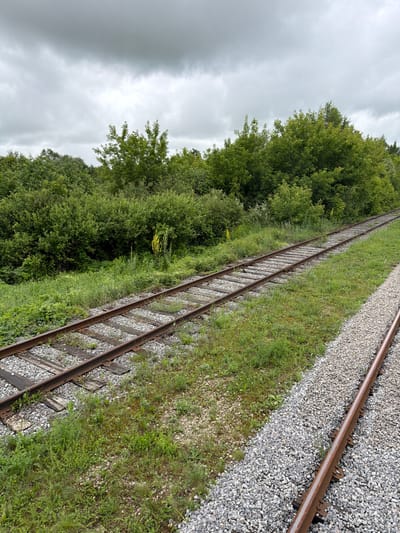 The image depicts a railway track in Nizhnyaya Maktama, Russia. The tracks are rusty and made of metal, with wooden sleepers supporting them. The railway is surrounded by lush green vegetation, including trees and grass. The sky above is overcast with dark clouds. The scene appears to be in a rural or semi-rural area, away from urban development. There are no people or animals visible in the image. The overall impression is one of a quiet, natural landscape with a man-made structure.