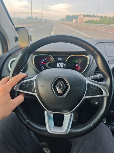A first-person perspective shot shows a person driving a car on a highway. The steering wheel, dashboard, and speedometer are visible, indicating a speed of 100 km/h. The road ahead curves to the left, with trees and a light pole visible in the distance. The sky is overcast, and the overall lighting suggests it is either early morning or late afternoon. The car appears to be in motion, as indicated by the speedometer reading and the blurred background. The location is identified as Торфяное, Russia.