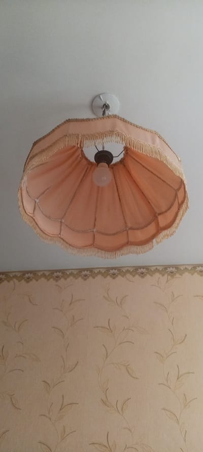This is a low-angle, indoor shot of a vintage-style, peach-colored fabric lampshade hanging from a white ceiling fixture. The lampshade has a ruffled edge with fringe and is shaped like an inverted umbrella. Inside the lampshade, a single, light-colored bulb is visible. Below the lampshade, a wall with light beige wallpaper featuring a subtle vine and leaf pattern is visible, with a decorative border along the top. The image appears to be taken in a residential setting. There are no people present in the image. The lighting is soft and diffused, suggesting an interior room.