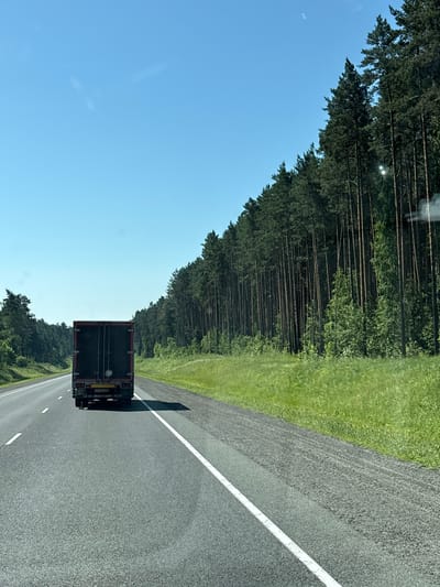 An asphalt road runs through a forested area under a clear blue sky. A dark-colored truck, seen from behind, is driving on the road. To the right of the road, a dense line of tall pine trees stretches along a grassy embankment. To the left of the road, more trees are visible in the distance. The image appears to be taken from a moving vehicle, likely on a highway or major road. The location is specified as Kurlek, Russia, suggesting a rural or semi-rural setting characterized by extensive woodlands.