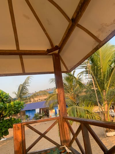 The image captures a serene, tropical outdoor scene from inside a wooden, possibly semi-open, structure. The view is dominated by natural elements and rustic architecture, suggesting a beachside resort or a similar relaxed setting.
In the immediate foreground, the interior of the structure is visible. On the left, a cream-colored fabric or canvas roof/ceiling, supported by dark wooden beams, shows some irregular dark stains, indicating wear or moisture exposure. The wooden framework is robust and rustic. To the right, another section of the wooden structure features a distinctive criss-cross lattice pattern, likely part of a railing or an outer wall, framed by horizontal and vertical beams. The wood has a warm, reddish-brown hue, illuminated by natural light.
Beyond the structure, the midground is lush with abundant palm trees, their fronds a vibrant green, swaying gently. Other dense green foliage is also visible at the bottom of the frame. The ground beneath appears sandy. In the distant background, a faint line of land or hills is visible under a clear, bright sky. Several buildings or structures with prominent blue roofs can be seen, hinting at commercial or residential development along the coast.
The time of day appears to be either late afternoon or early morning, characterized by soft, warm light that casts gentle illumination on the wooden elements and tropical greenery. The sky is a pale blue, suggesting clear weather. There are no people visible, and no specific activities are taking place, creating a peaceful and quiet atmosphere. No visible text is present in the image. The tropical vegetation, sandy ground, and distant coastal structures strongly align with the location context of Goderich, Sierra Leone, depicting a tranquil beach environment.