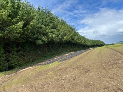 This image shows a rural landscape in Cross Keys, Ireland, on a partly cloudy day. A dense line of evergreen trees runs along the left side of the frame, forming a boundary. In the foreground, a sloping, tilled field occupies the majority of the space, with rows of dark-colored material, possibly mulch or planted crops, visible in the middle ground. The field is a mixture of brown soil and patches of green grass. In the distance, the land rolls into more fields and a treeline under a sky with scattered white clouds and some darker, rain-bearing clouds. There are no people or animals visible in the image. The scene suggests agricultural activity and the preparation of land for cultivation.