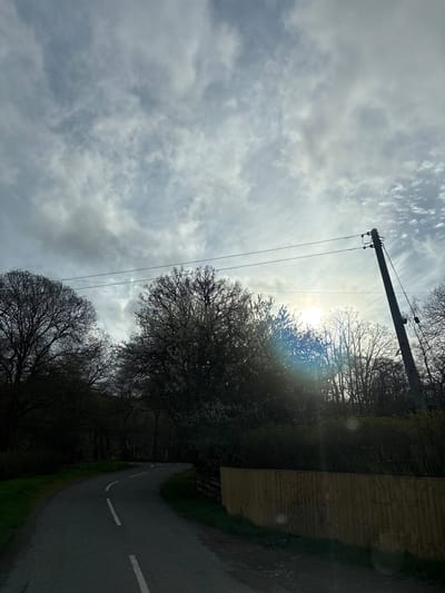 The image depicts a rural road scene in Shrewsbury, United Kingdom. An asphalt road curves slightly to the right, marked with a broken white line. The road is flanked by a dense treeline on the left, partially obscuring the sun and sky, with bare branches indicating the season is likely late autumn or winter. A wooden fence runs along the right side of the road, bordering a grassy area. An electrical pole with power lines extends diagonally across the frame, contrasting with the cloudy sky. The sky is filled with layers of grey and white clouds. No people or animals are visible.
