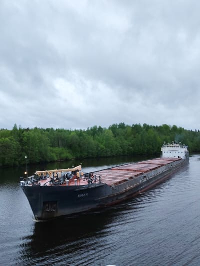 A barge named "ВИТА" is traveling on a river in Depo, Russia. The barge is loaded with what appears to be a cargo of covered materials. Lush green trees line the riverbank. The sky is overcast, suggesting cloudy weather.