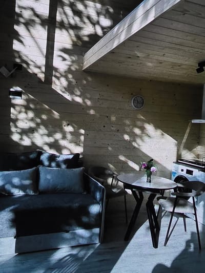 The image depicts the interior of a room with wooden paneled walls and ceiling. Sunlight streams in, casting dappled shadows from foliage onto the surfaces. In the foreground, a gray sofa with pillows is visible on the left. To the right, a small round table with an oval top sits on a dark-legged base, with a vase containing a bouquet of pink and purple flowers on it. Two chairs with curved backs are placed around the table. Further to the right, a portion of a washing machine is visible. A round clock is mounted on the wall. The overall impression is a cozy, sunlit living space. The provided information about the city of Dubno, Ukraine is not verifiable from the image itself.