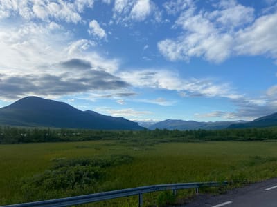 This is a photograph of a vast, open landscape with rolling hills and mountains in the distance under a partly cloudy sky. In the foreground, a metal guardrail lines the edge of a paved road, with gravel and some greenery to its right. Beyond the road, a large field of tall green grass stretches out, dotted with clumps of darker green shrubs. A dense line of trees forms a visual boundary between the field and the foothills of the mountains. The mountains themselves are a deep blue-green, with lighter patches on their peaks that might indicate snow or lighter colored rock. The sky is a vibrant blue, filled with white and gray clouds of varying sizes and densities, some of which are illuminated by the sun. This is a scenic view of the natural landscape near Nikkaluokta, Sweden. There are no people or animals visible in the image.