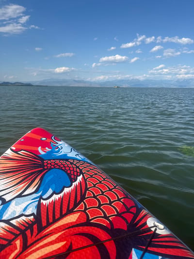 The image shows the bow of a paddleboard with a colorful fish design, floating on a calm, green body of water. In the background, there are distant mountains under a blue sky with white clouds. A small structure, possibly a building or a boat, is visible on the water in the far distance. The scene appears to be set in a natural environment with a body of water and mountains. The location is identified as the city of Godinje, Montenegro.